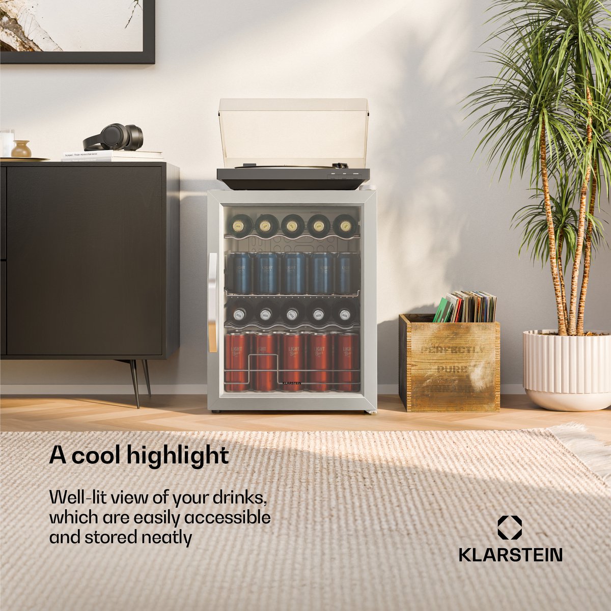 Klarstein drankkoelkast met glazen deur - 60 liter, dubbele beglazing, instelbare temperatuur 0-13 °C, 4 uitneembare metalen planken, onderbouwkoelkast voor drankjes, stil 39 dB Zilver