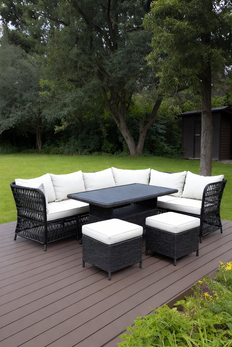 Luxe XXL Polyrattan Hoeklounge Tuinset met WPC Tafel – 9 Persoons Outdoor Loungeset met Fauteuil, Krukken en Dikke Kussens – Weerbestendig Zwart - industrohome