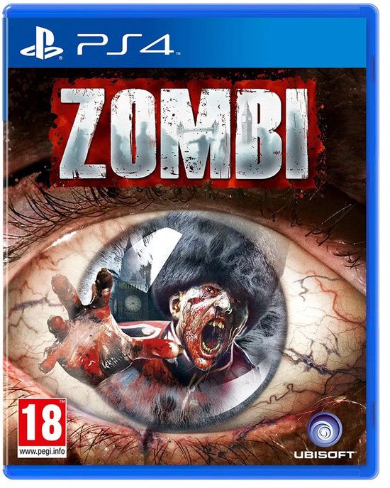 ZOMBI PS4 game cover met een zombie oog dat een zombie weerspiegelt.