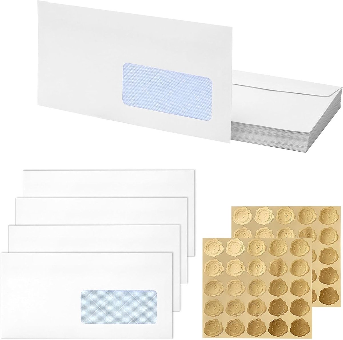 Envelopes met Venster en Plakstrips, 100 Stuks, Inclusief 125 Gouden Seal Stickers, Ideaal voor Facturen en Privacybescherming, 225 x 115 mm