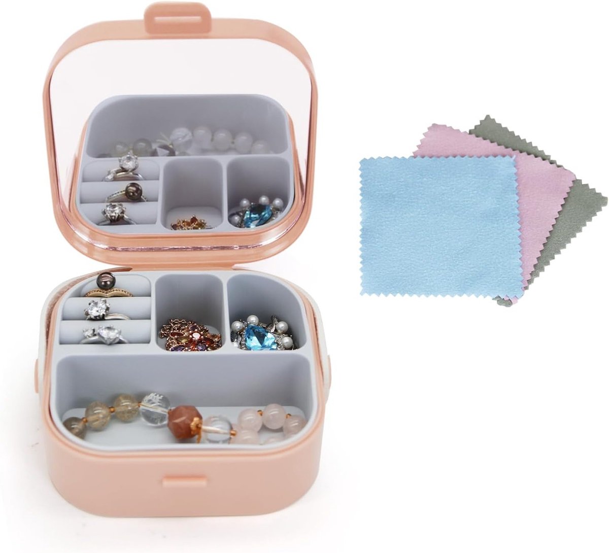 Sieradenopbergdoos met Spiegel en 3 Schoonmaakdoekjes, Draagbare Reisdoos voor Ringen, Oorbellen en Armbanden, Ideaal voor Sieradenopslag en Organisatie