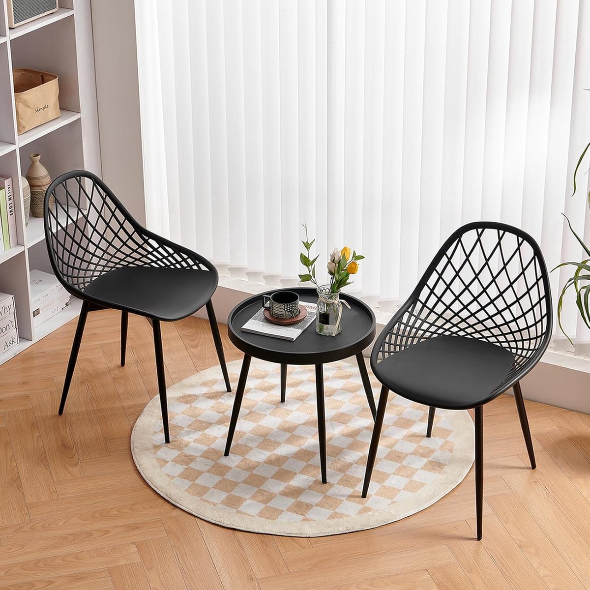 Modern 3-delige Woonkamer & Eetkamer Set – 2 Design Stoelen + Salontafel – Compact, Zwart, Metalen Poten
