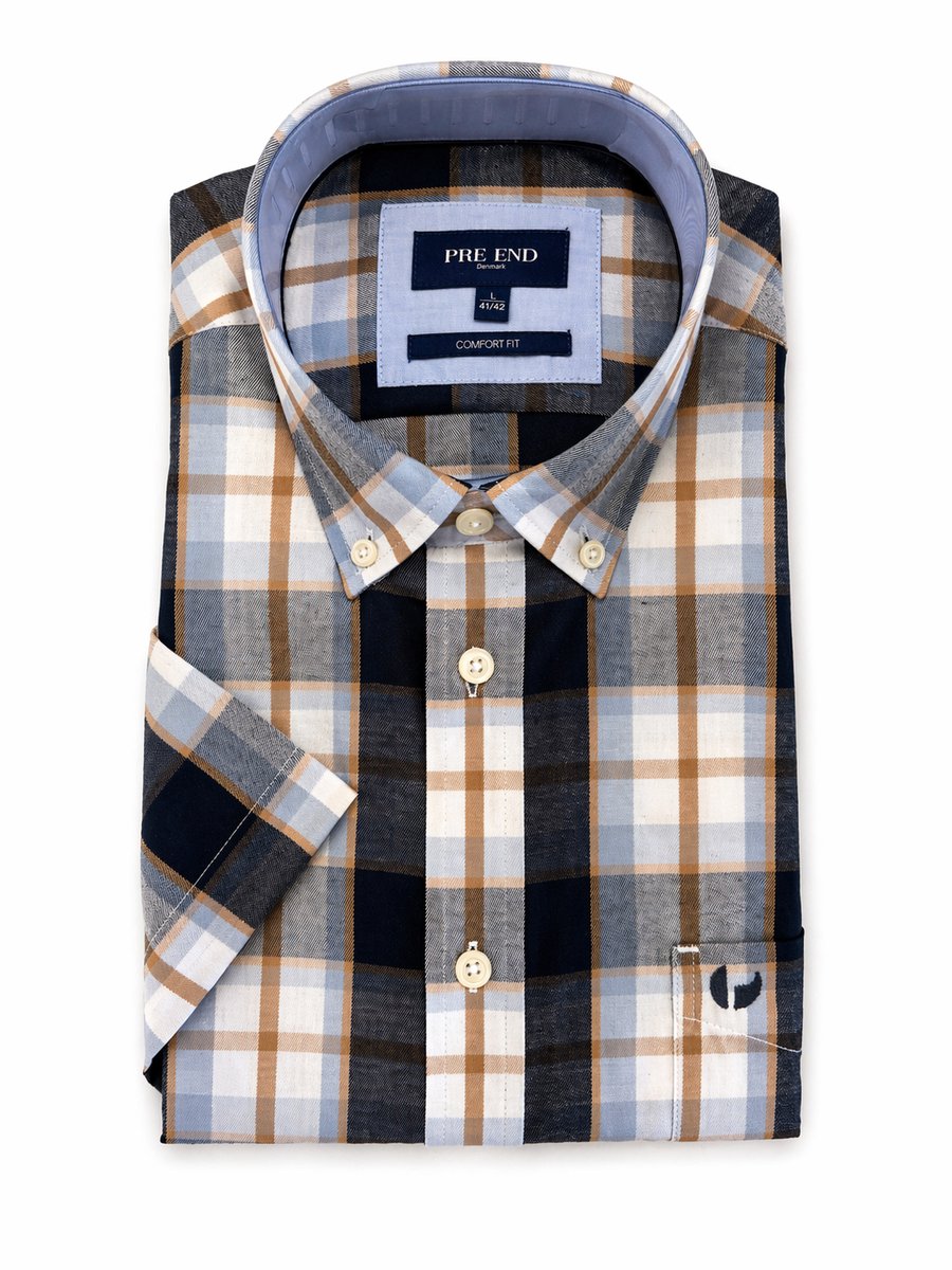 Pre End Overhemd - Korte mouw - Geruit - Strijkvrij - Regular fit - Blauw - Maat 4XL