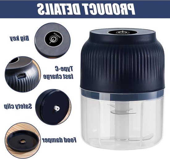 Mini Elektrische Hakker 300 ml Draadloze Hakker voor Keuken met USB Poort - Ideaal voor Knoflook, Uien, Groenten, Fruit en Noten van Merkloos — afbeelding 2