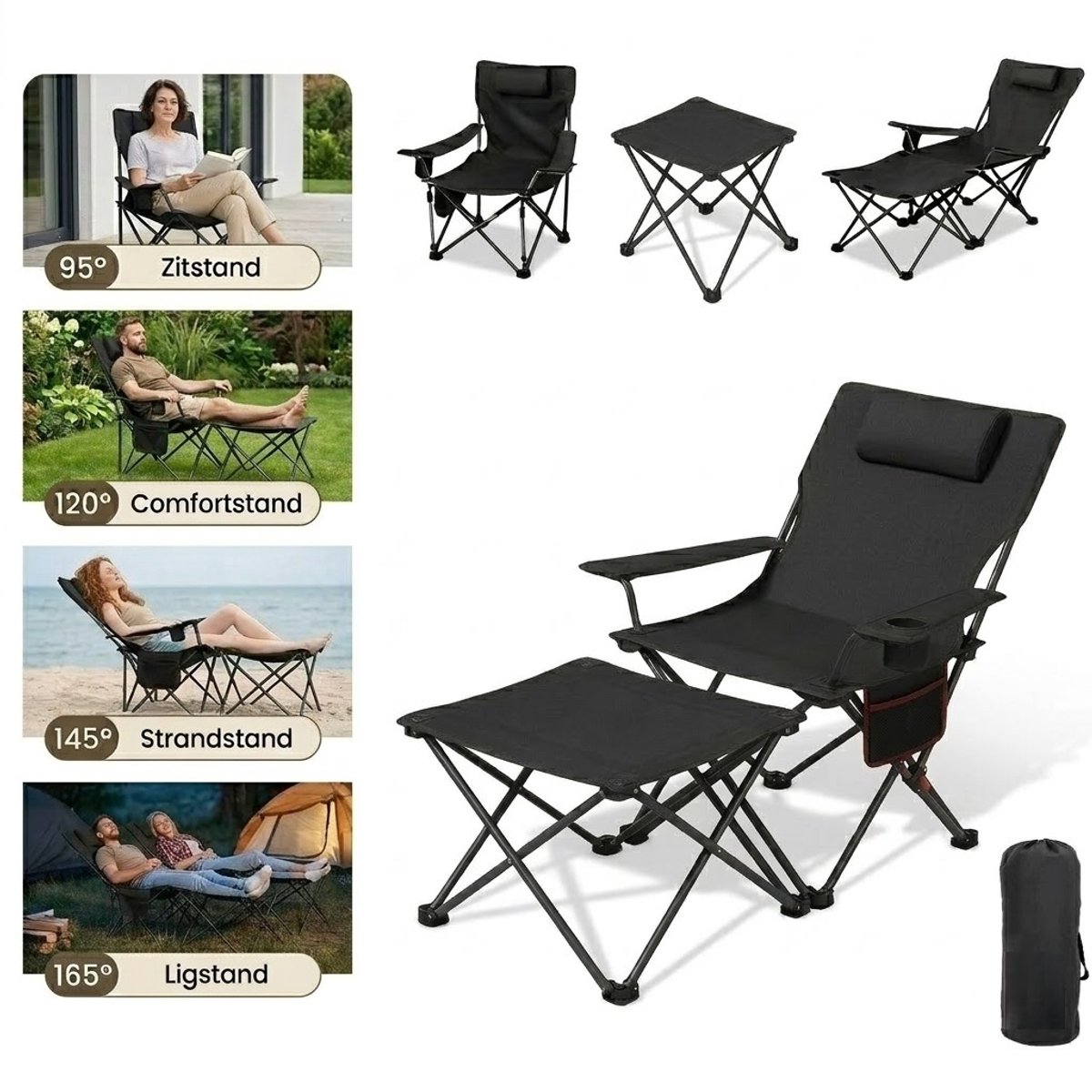 Opvouwbare Campingstoel met Voetensteun – Verstelbaar 95°–165° – Strandstoel met Hoofdkussen & Bekerhouder – Draagbaar & Comfortabel