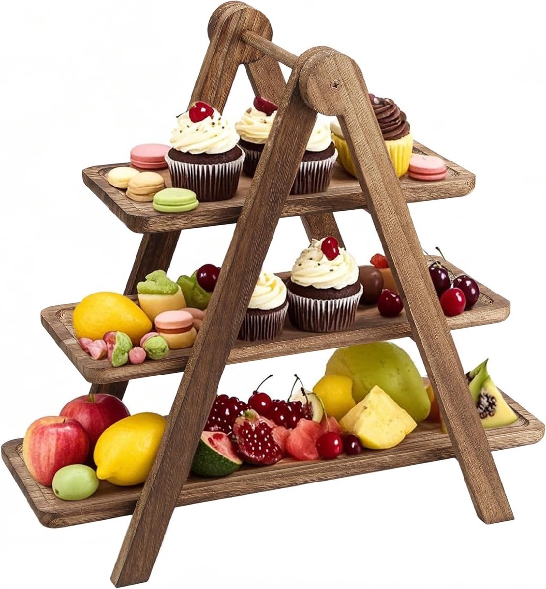 Houten dienblad - 3 laag dienblad - Afneembare gestapelde taart standaard rechthoekige cupcake standaard - Serveerschalen voor het serveren van eten - Feest bruiloft fruit dessert display schaal