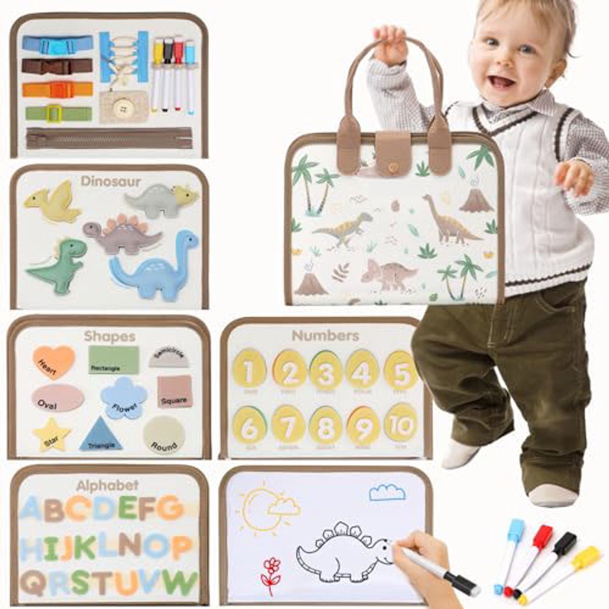 Montessori Busy Board voor peuters – Sensorisch bord met dinosaurus-thema – Educatief Busy Book – Leerspeelgoed voor peuters – Leeractiviteiten voor de kleuterschool – Reisspeelgoed voor vliegtuig en auto