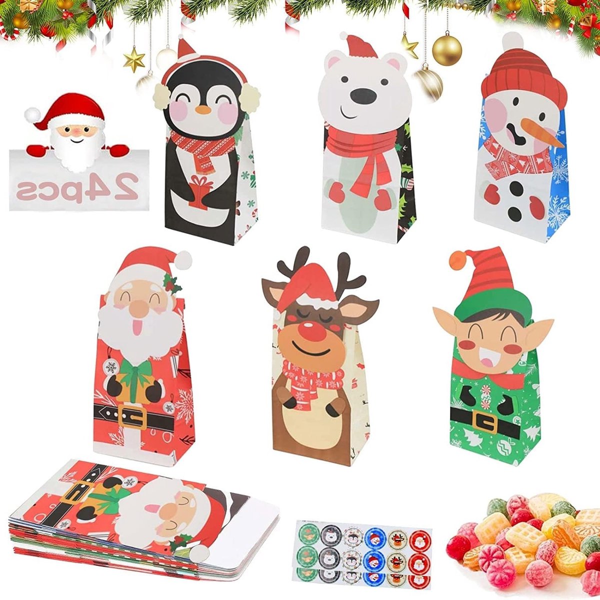 Set van 24 Papieren Cadeauzakken voor Kinderen, Inclusief 2 Stickervellen, Ideaal voor Verjaardagen en Kerstmis, Perfect voor Snoep en Kleine Cadeaus