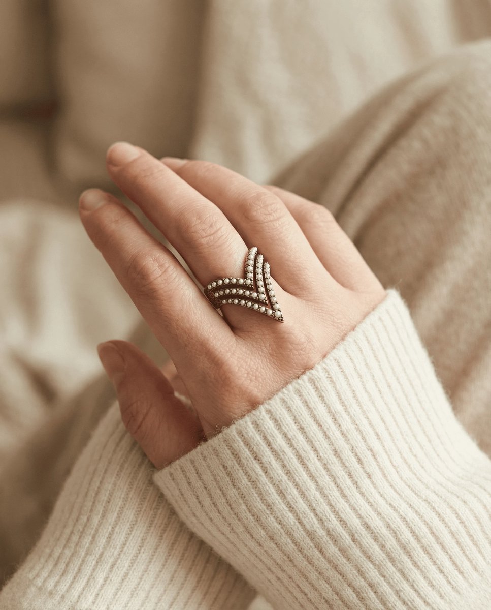 Dorvina Bronzen Sieraad Authentiek Parel Bewerkt V Model Verstelbaar Vintage Dames Ring