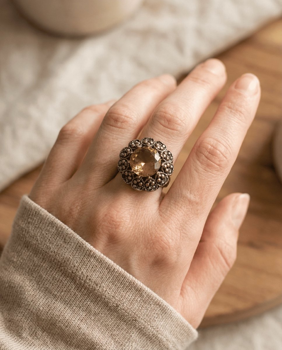 Dorvina Bronzen Sieraad Authentiek Kleur Kleurveranderend Zultanit Steen Rond Kesim Bloem Model Vintage Dames Ring