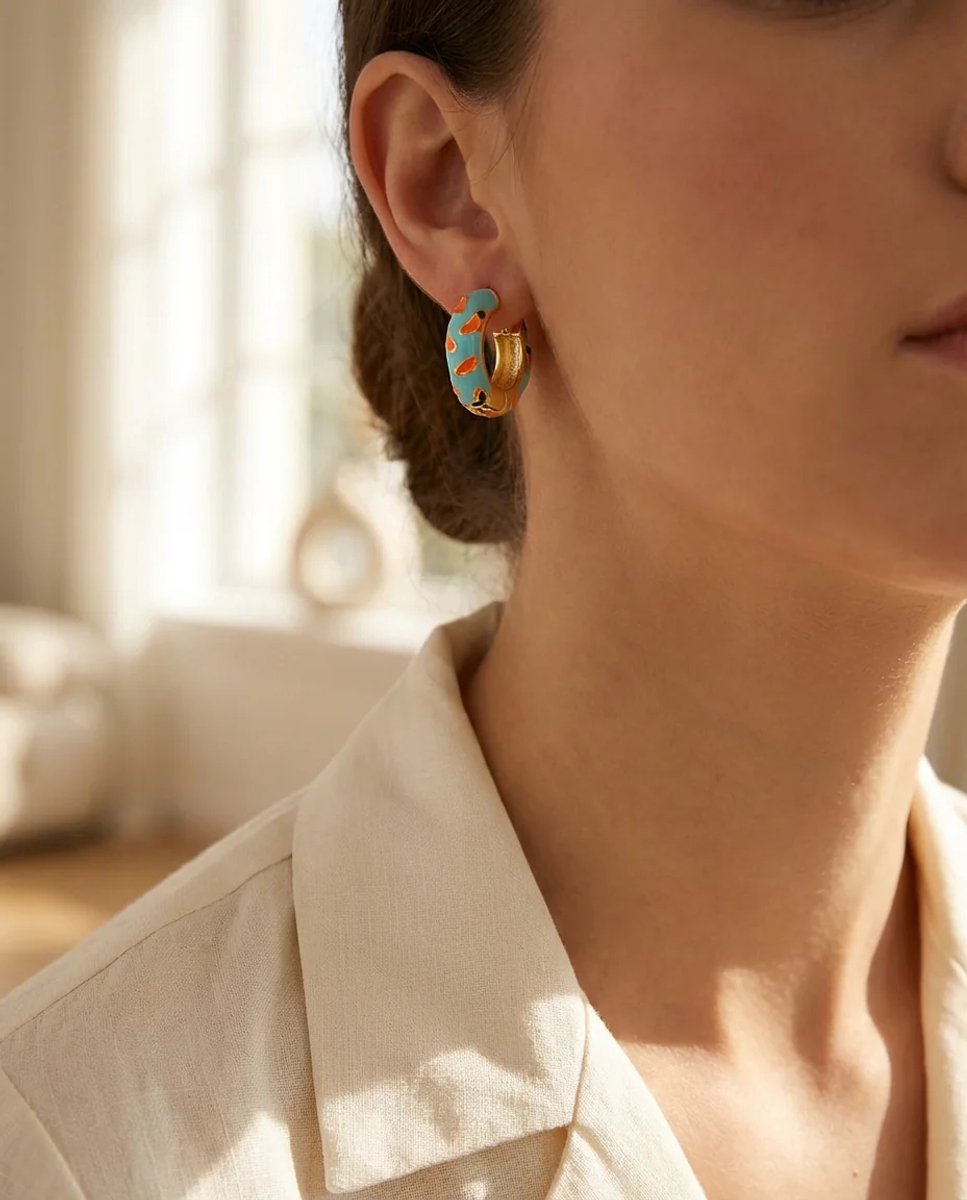 Dorvina Dames Oorbellen Goud Detail Blauw Turkoois Emaill Ring Oorbellen Vintage Dames Oorbellen