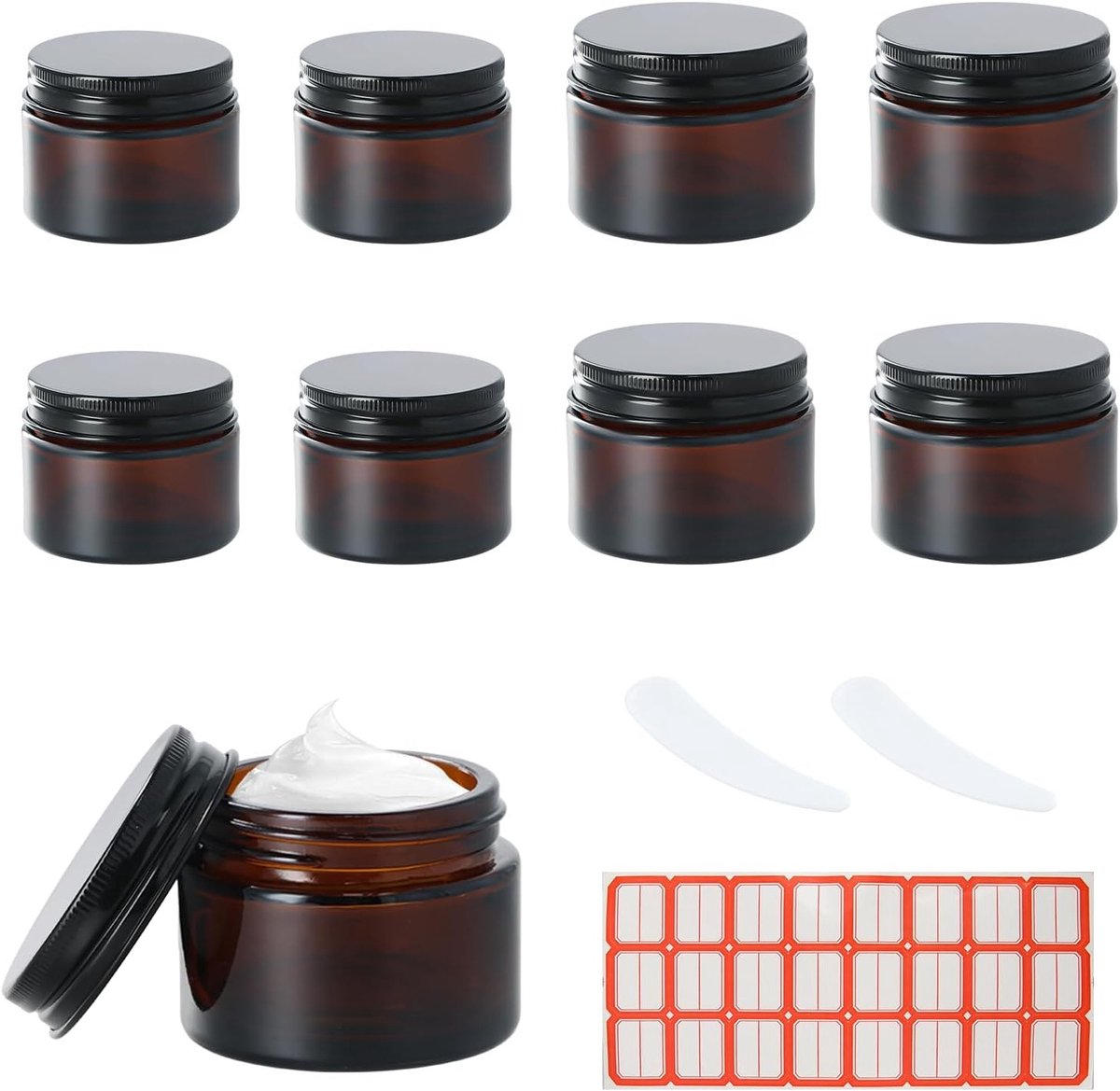 Set van 8 Amber Glazen Potjes, 20 ml, 30 ml en 50 ml, Lege Cosmetica Jars met Deksel, UV-bestendig en Lekvrij voor Crèmes en Poeders