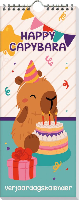 Capybara verjaardagskalender met feestmuts, taart met kaarsen en cadeaubox.