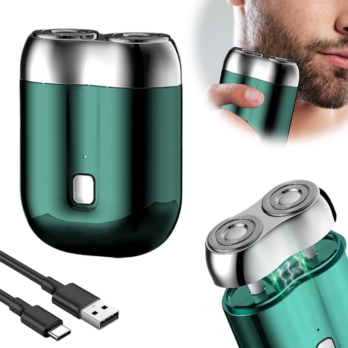 Baardtrimmer-baardtrimmer mannen-baard trimmer-Nieuw geüpgraded mini-scheerapparaat - USB-mini-scheerapparaat voor heren - Afwasbaar scheerapparaat met twee koppen - Oplaadbaar, waterdicht elektrisch scheerapparaat - groente- 7 x 5,3 x 2,3 cm