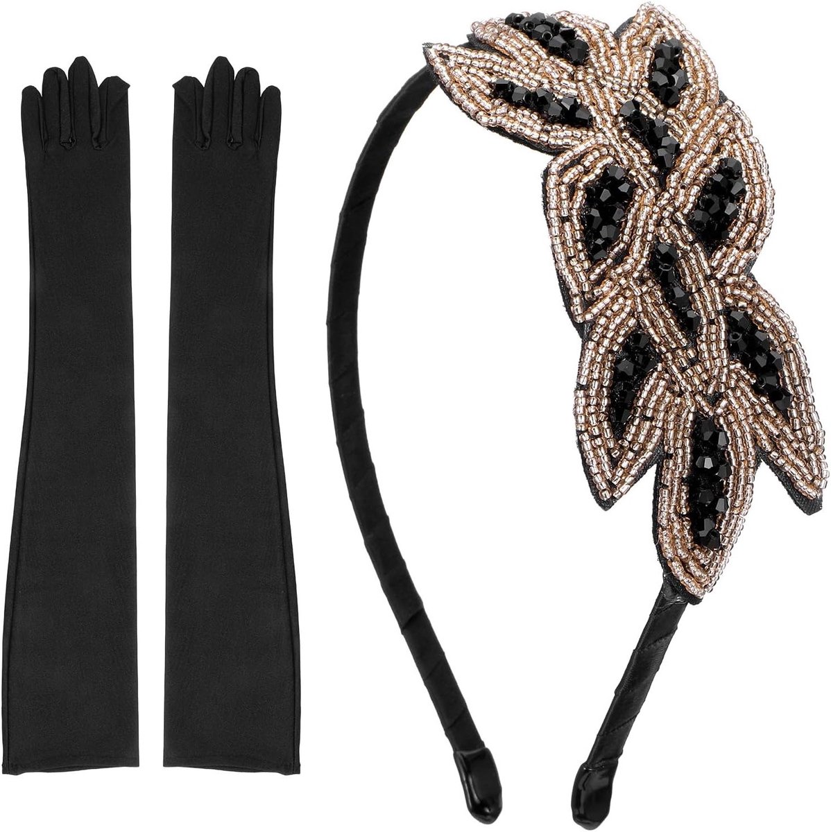 Elegante Flapper Hoofdband voor Vrouwen uit de Jaren '20 met Satijnen Lange Handschoenen en Kristallen Bruidsaccessoire voor Feest- en Kostuumlook