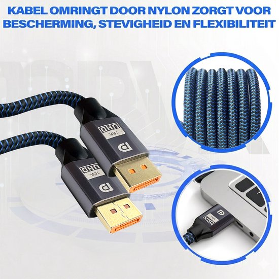 Twee DisplayPort 2.1 kabels, grijs omhulsel met '16K UHD' logo. Inzet: nylon kabel textuur en kabel aangesloten op laptop.