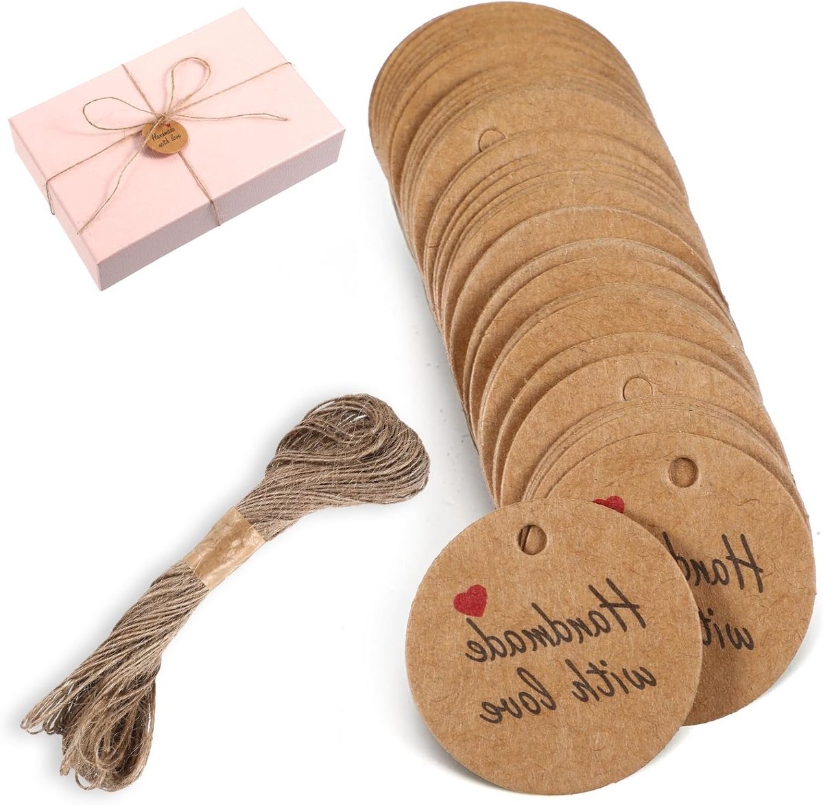 Set van 100 Handgemaakte Tags, Ronde Cadeaupendants van Kraftpapier met Jute Koord, Perfect voor Bruiloften en Feesten