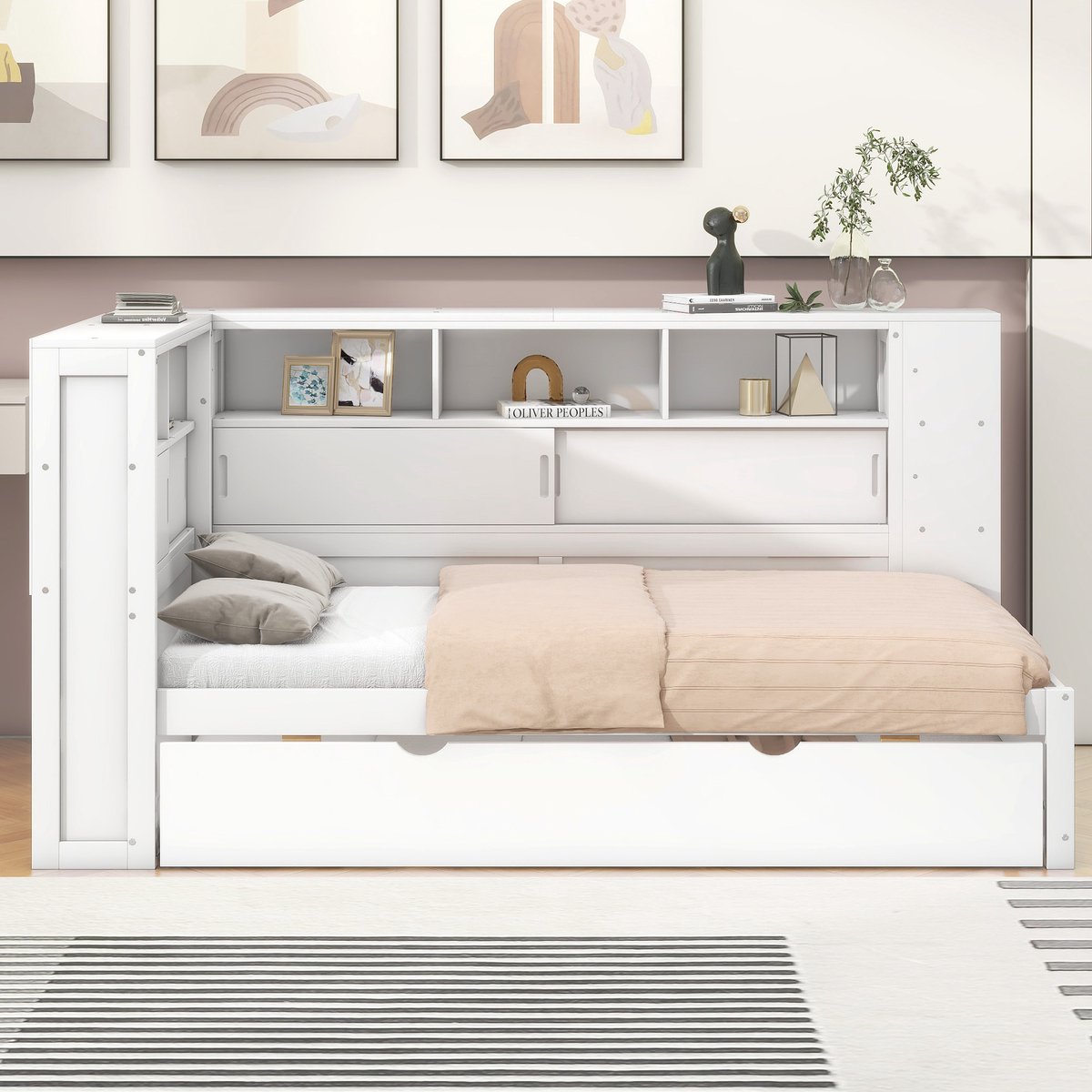 VVBV Dagbed 90x200 cm met Uitschuifbed, Kinderbed / Bedbank met Opbergruimte & USB, Wit