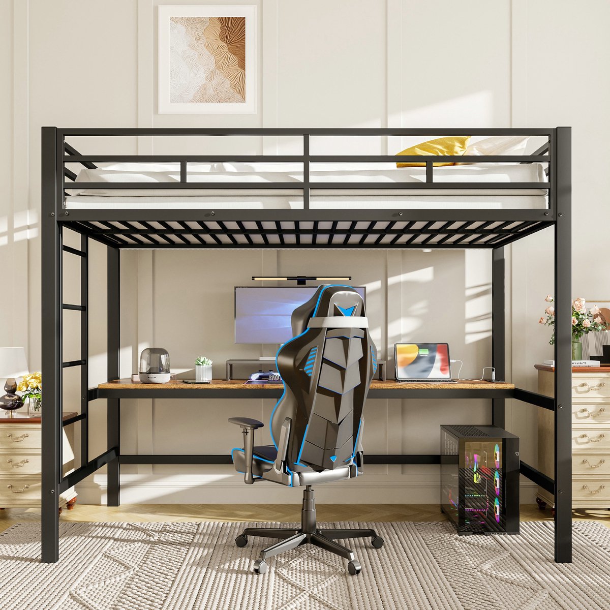 VVBV Hoogslaper 90x200 / Kinder hoogslaper – met Trap, LED-Verlichting, USB, USB-C, Ladder – Metaal – Zwart – Zonder Matras – Metalen Frame