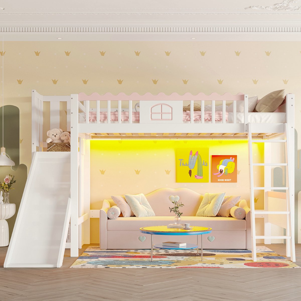 VVBV Hoogslaper 90x200 / Hoogslaper met glijbaan / Kinder hoogslaper – Matras Niet Inbegrepen – met Opbergrekken, LED-Verlichting – Grenenhout – Wit