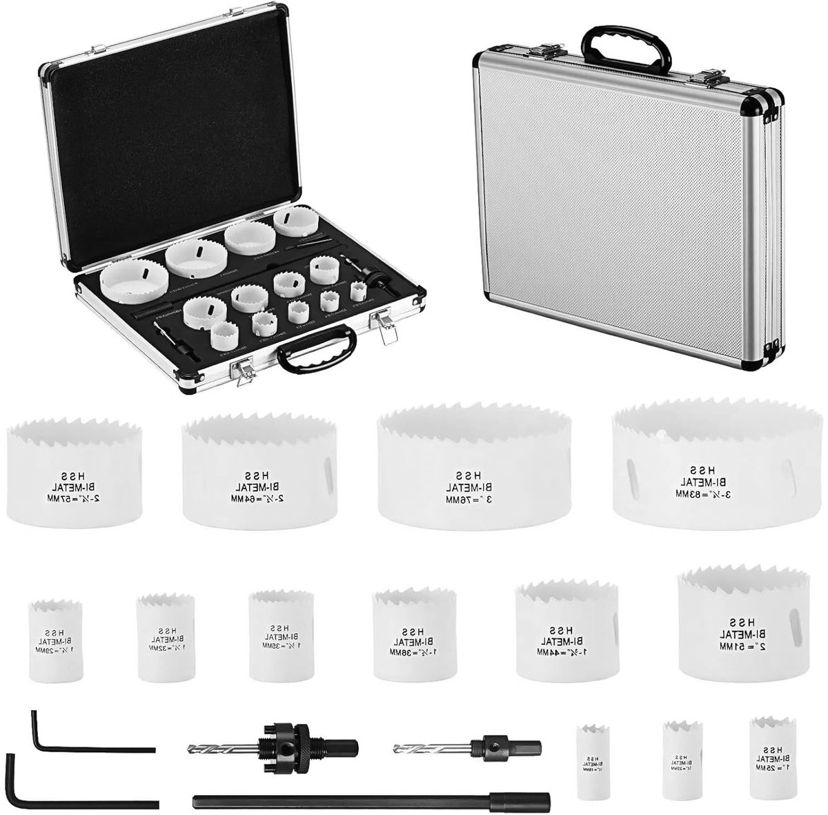 16-delige Bi-Metaal Hole Saw Set met Diverse Diameters van 19 mm tot 83 mm, Inclusief Centrumschroef en Houder, Geschikt voor Hout, PVC en Kunststof