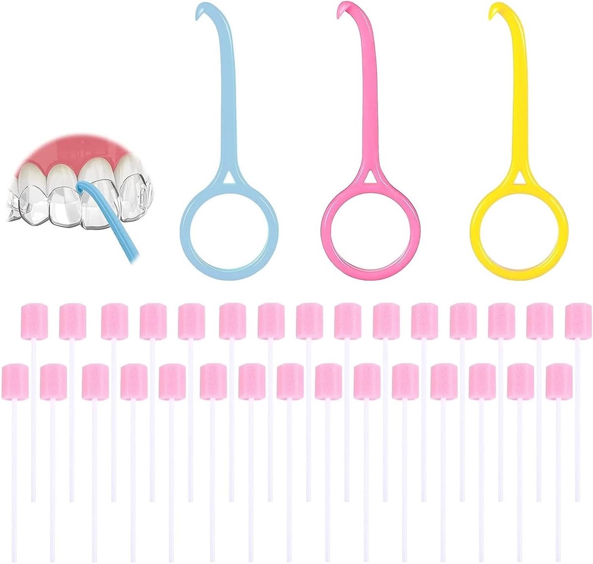 3 Stuks Verwijderhulpmiddelen voor Apparaten, 30 Wegwerp Sponsjes voor Mondreiniging, Onzichtbare Orthodontische Verwijderaar en Tandheelkundige Zorg