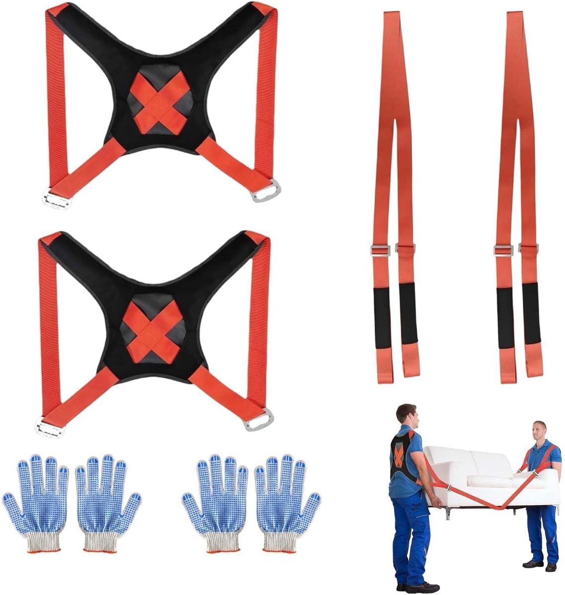 2 x Lifting Belt en 2 x Schouderbanden voor het Verplaatsen van Zware Objecten, Tot 400 kg, Inclusief Draaghandschoenen en Meubelverhuizers, Ideaal voor Verhuiswerk en Klussen
