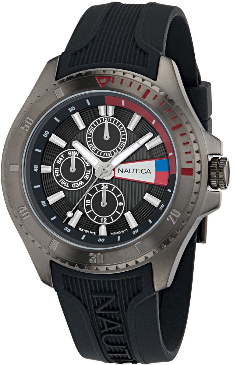 Nautica Nct Leeway Quartz Analoog Horloge Zwart Kast: 100% Roestvrij Staal | Armband: 100% Siliconen 45 mm NAPLWS601, NAPLWS603
