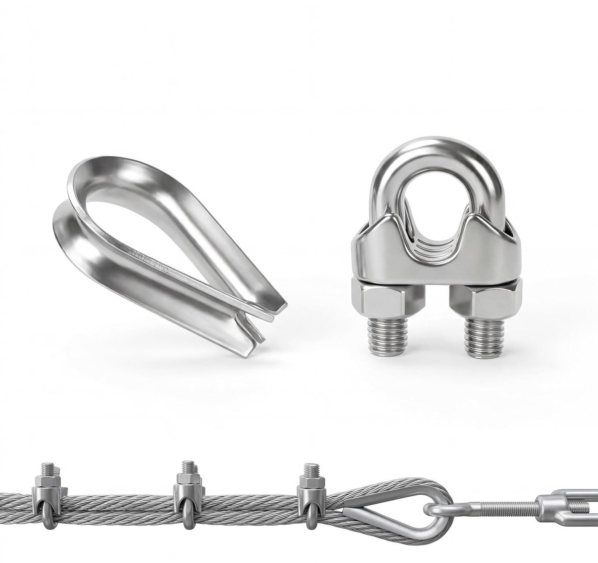 18-delige set kabelclips en kabelsleeves voor 3mm kabels, roestvrijstalen kabelbeugels, U-bolt klemmen voor zonneschermen en waslijnen