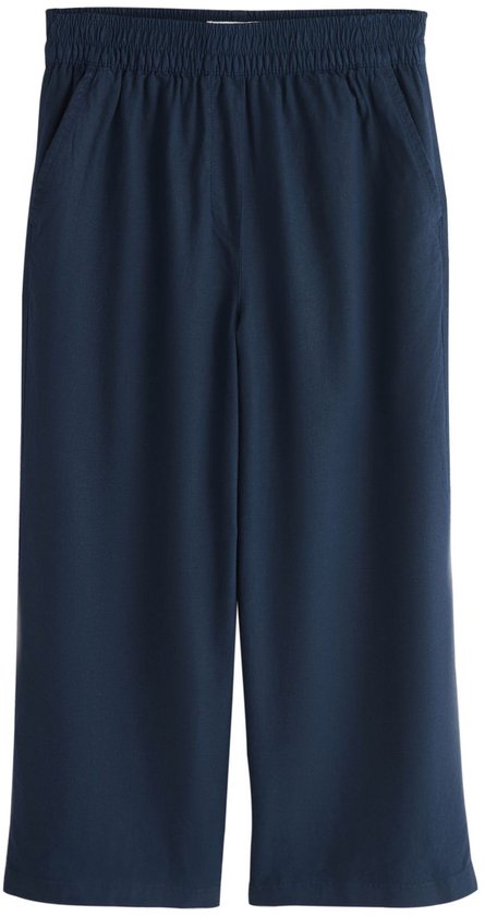 Donkerblauwe culottebroek met elastische tailleband en steekzakken.