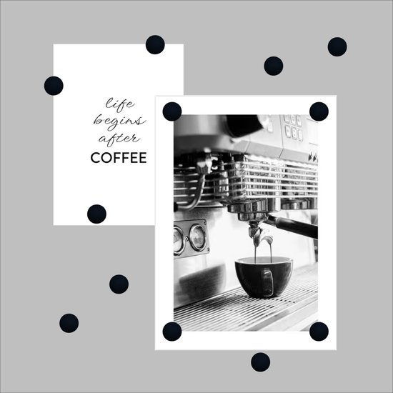 Collage met zwart-wit foto van espressomachine en mok, poster met tekst 'life begins after COFFEE' en zwarte stippen.