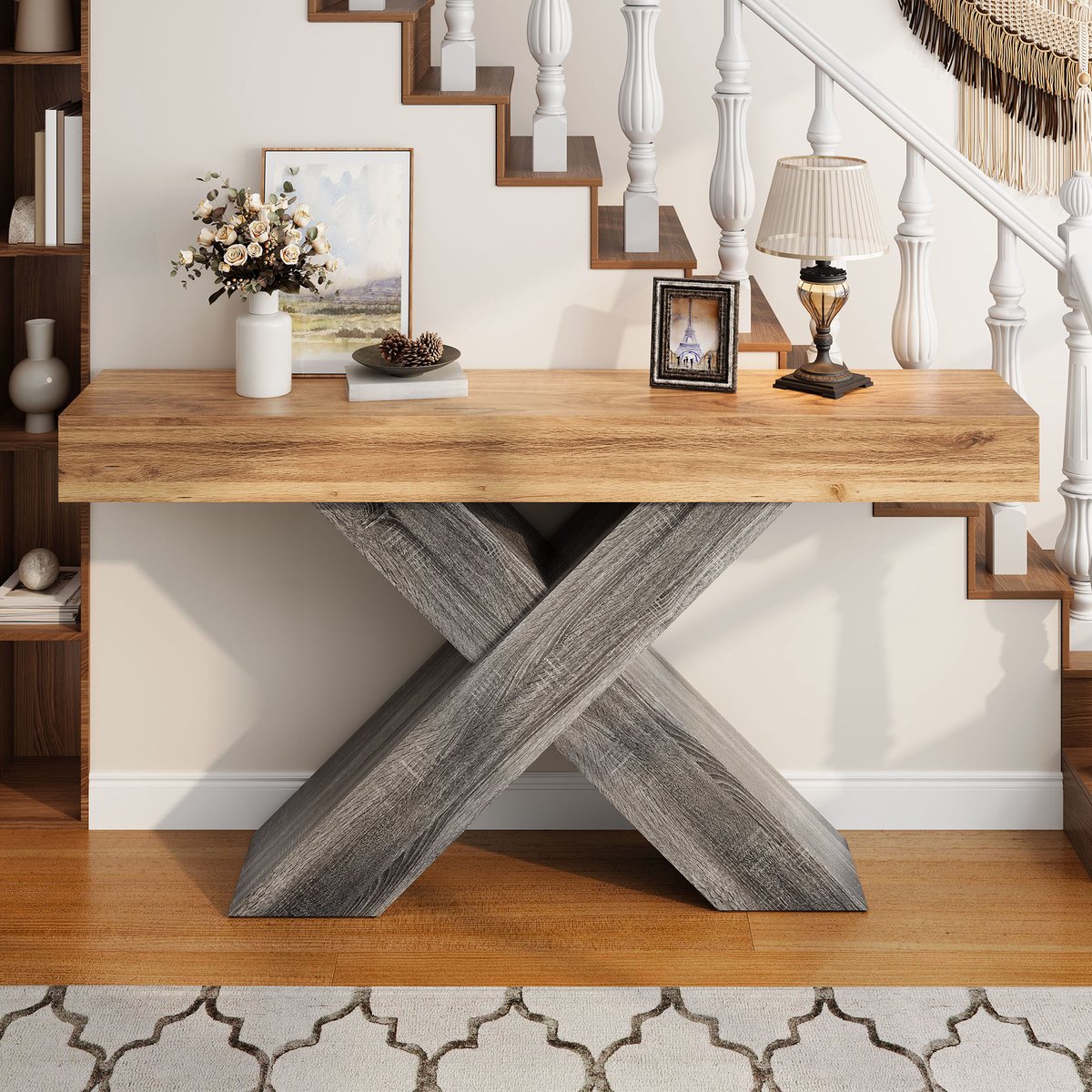 PHOEBE CAT Console - Bijzettafel - Haltafel - X-poten - Houtlook - Spaanplaat - Naturel + Grijs