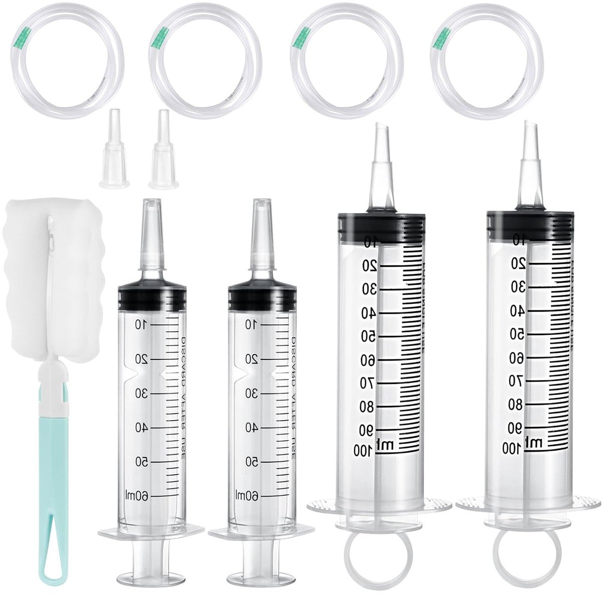 Grote Plastic Spuit 100 ml + 60 ml met Slang, Herbruikbare Spuit voor Olie, Laboratorium, Dierlijke Voeding en Tuinwerk, 4 Stuks