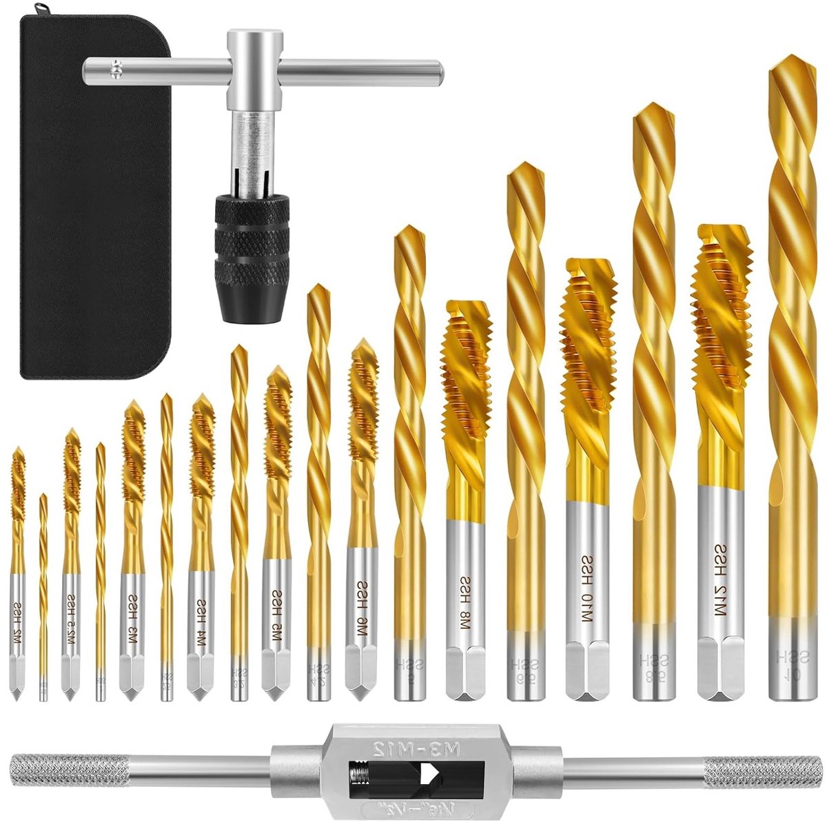 Complete Boor Set met 21 Stukken voor Draad Snijden, Hout, Kunststof en Metaal - Inclusief 9 Draadboren M2-M12, 9 Twistboren 1.5-10 mm, 2 Sleutels en 1 Leren Tas