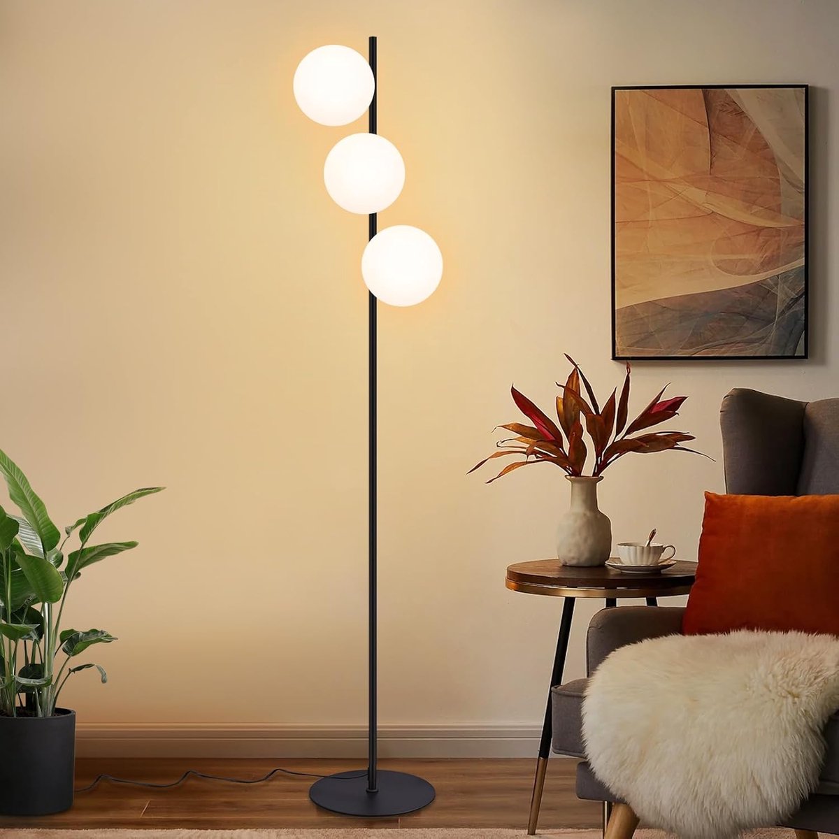 Glitzerlife - Moderne Industriële Vloerlamp - Zwart Staande Lamp - 3 Lichtbronnen - Vintage Design - E27 Voetlamp - Retro Vloerlamp - Metaal en Glas - Voor Woonkamer en Slaapkamer -150cm