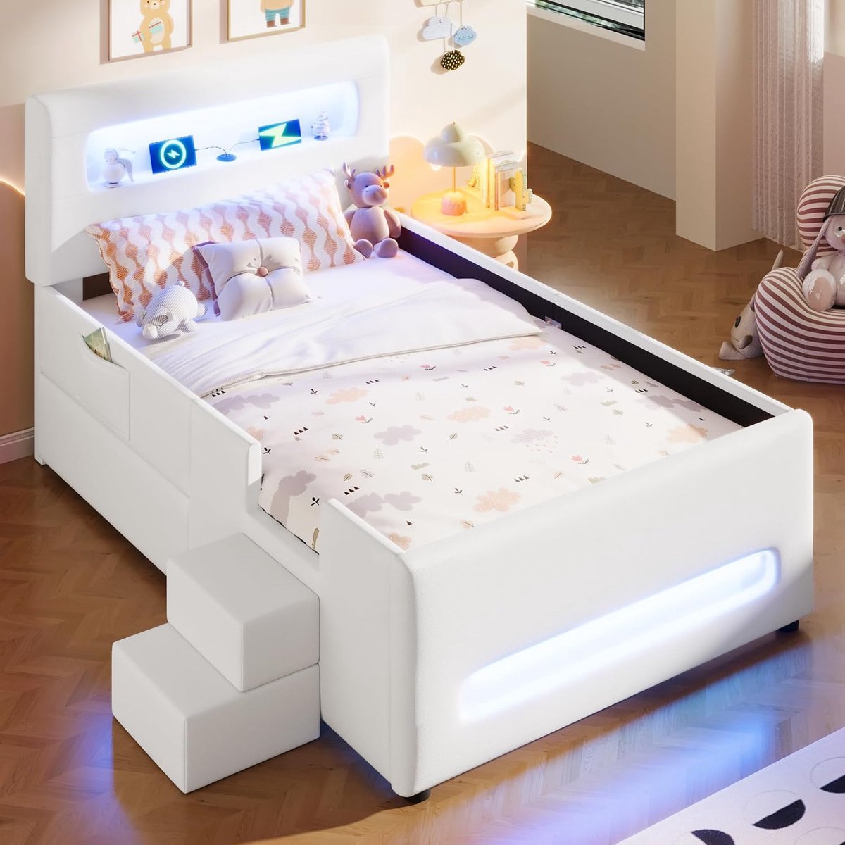 Tienerbed 90x200 cm Gestoffeerd met Opberglade en LED Verlichting – Kinderbed met Lattenbodem, Hoofdeinde met Opbergvak en Kunstleer Bekleding – Modern Jeugdbed Wit – Laura