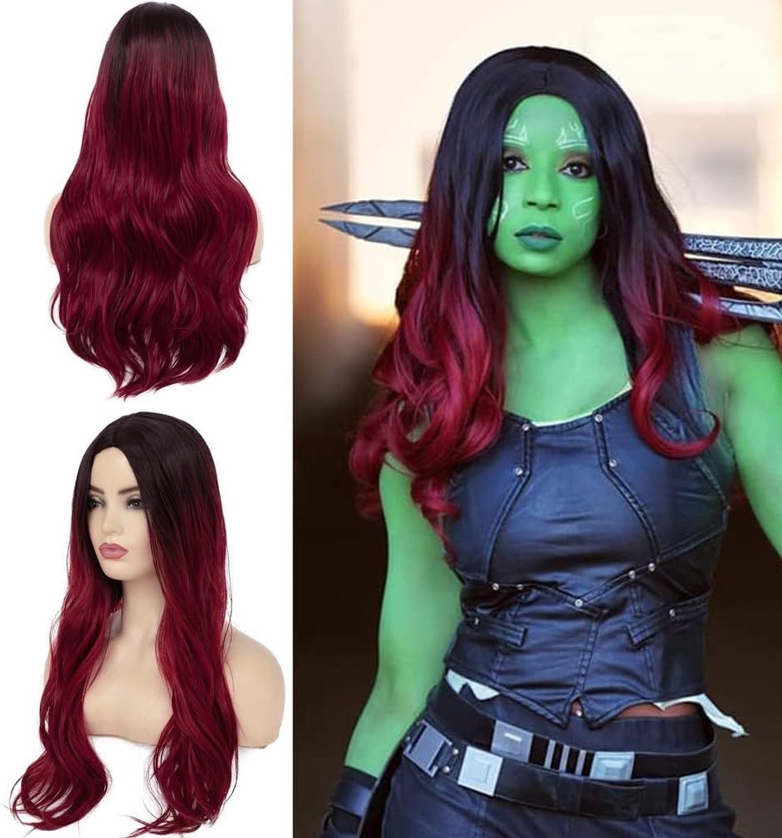 Lange golvende vrouwenperruik met donkerrood ombre-effect voor cosplay en Halloween feestjes