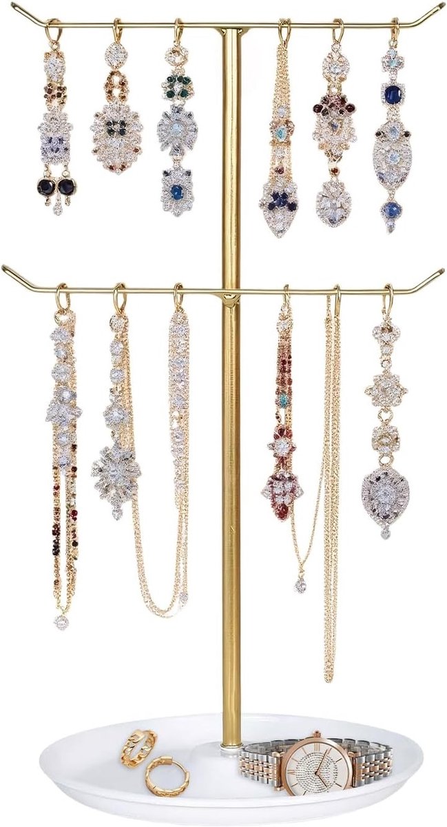 Drie Laags Sieradenstandaard met T-Vormige Kettinghouder en Elegante Gouden Afwerking voor Gemakkelijke Toegang tot Kettingen, Armbanden en Oorbellen