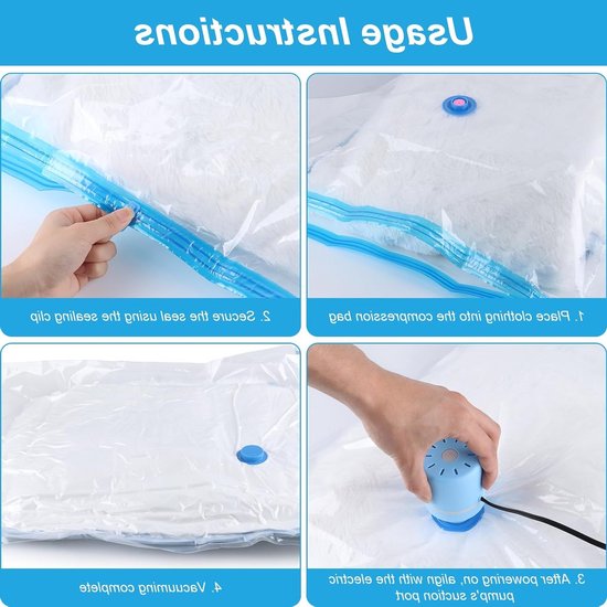 Vacuumzakken met elektrische pomp, 12 stuks voor dekbedden, winterkleding en opslag (2 x 60 x 40 cm, 4 x 70 x 50 cm, 4 x 80 x 60 cm, 2 x 100 x 80 cm) voor optimale ruimtebesparing en bescherming van Merkloos — afbeelding 5