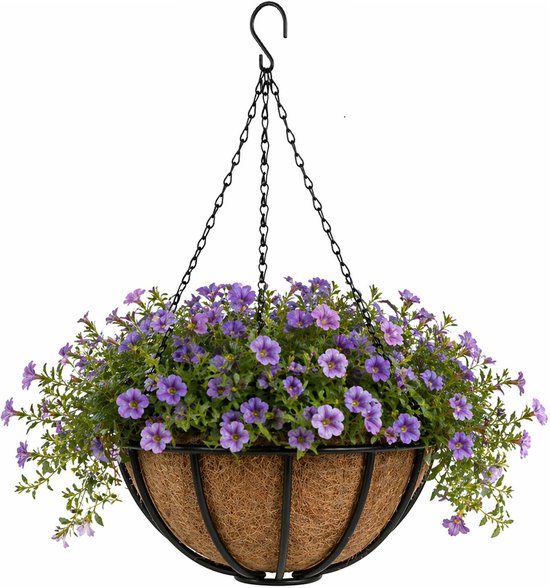 Ronde hangende bloempot met kettingen, gevuld met paarse bloemen en groene planten.