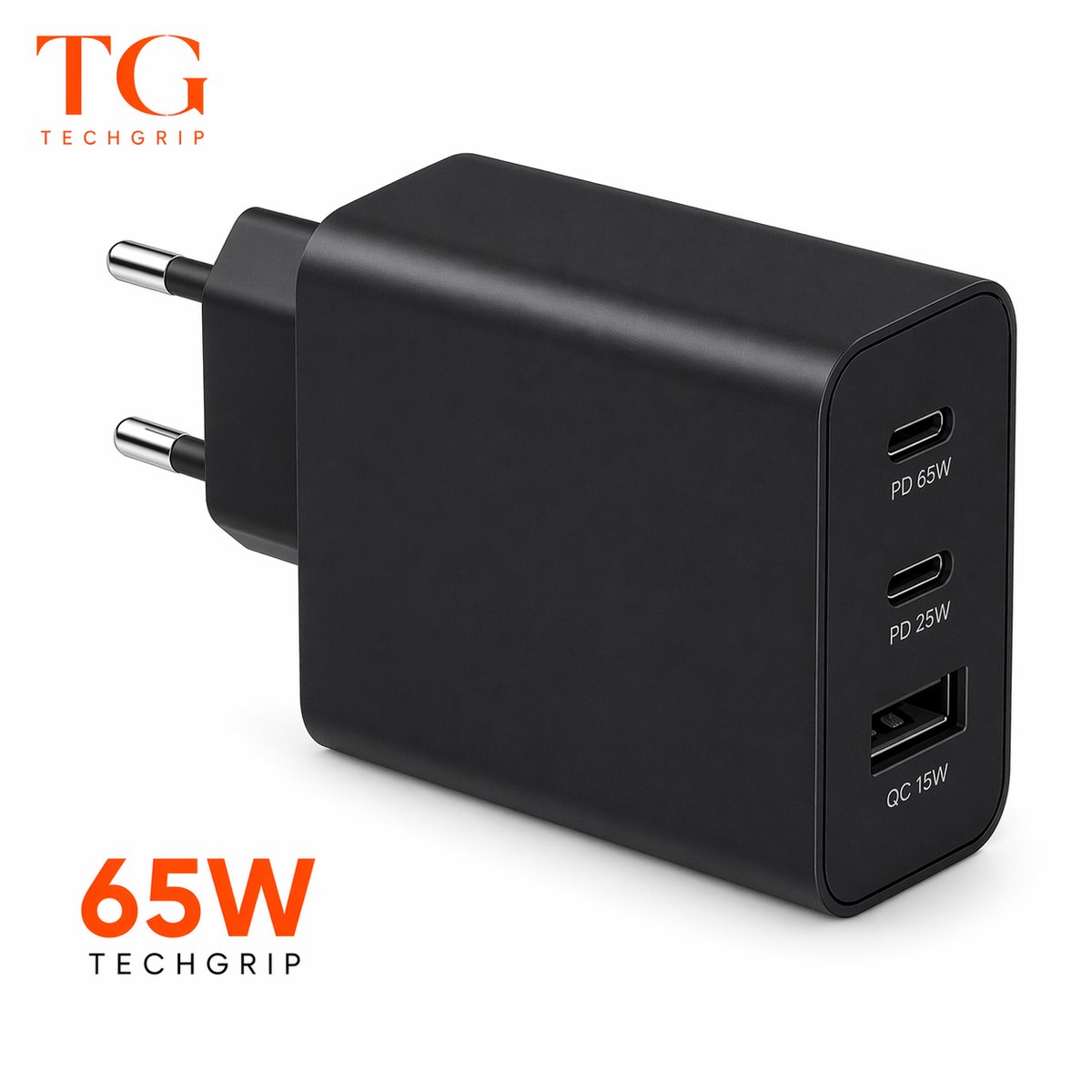 65W Snellader USB-C PD + USB-A QC 3.0 - 3 Poorten Oplader voor Laptop, Smartphone, Tablet - Zwart - Afbeelding 2
