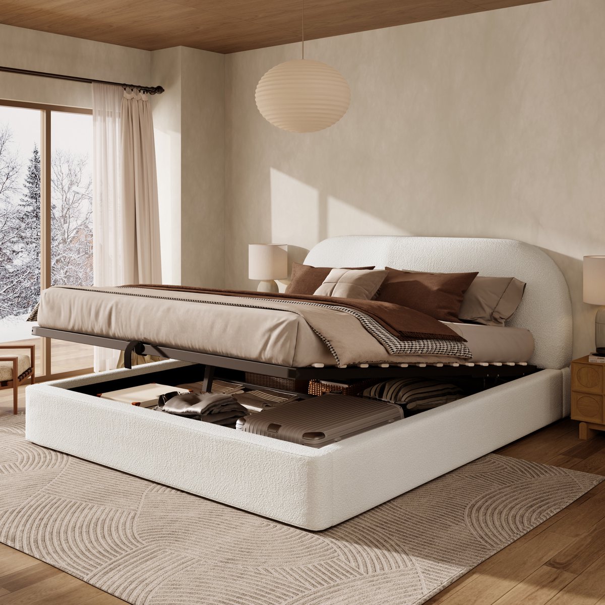 Merax Gestoffeerd bed 180 x 200 cm - met bedbodem en opbergruimte - zacht gevoerd hoofdeinde - beige - grove tweed - zonder matras