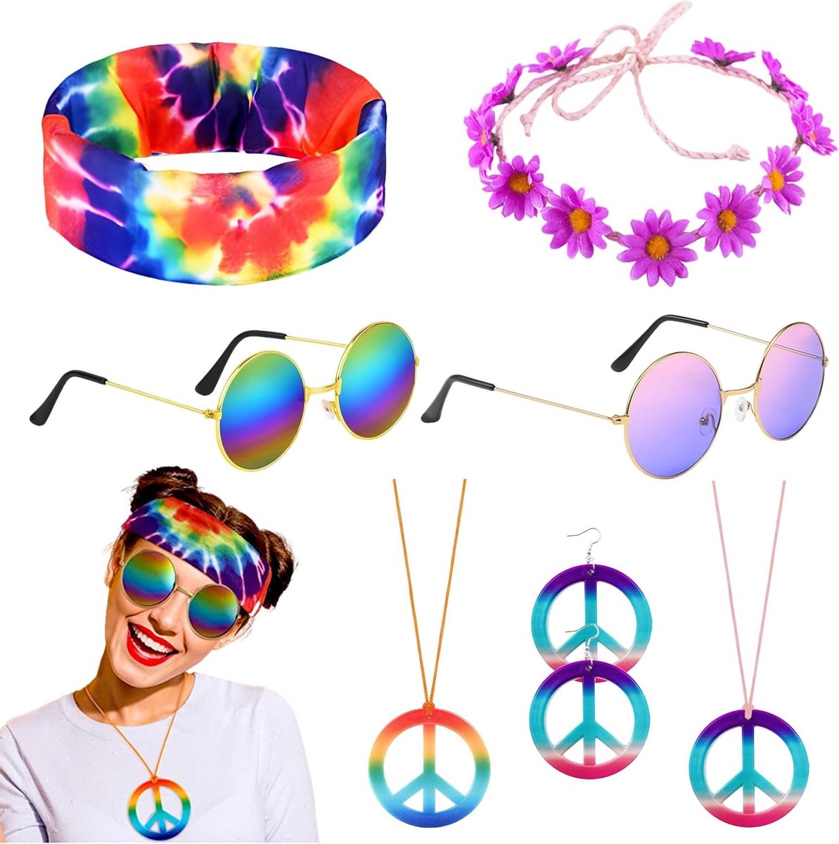 Vintage Hippie Kostuum Set met 7 Stukken, Inclusief Bloemenhoofdband, Ronde Zonnebril en Vredesteken Sieraden voor 60s en 70s Feestjes