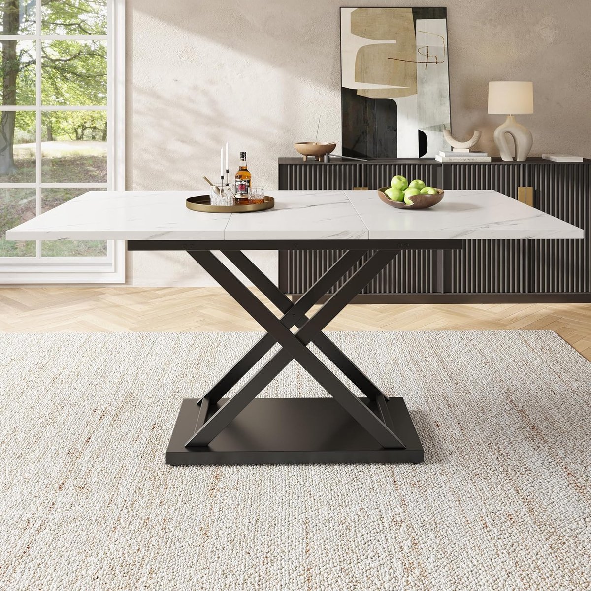 Uitschuifbare eettafel 120-160x80x75 cm – moderne rechthoekige dining tafel met kunstmarmer blad, zwart metalen kruispoten, ruimtebesparend voor 6-8 personen, wit – Vermissen