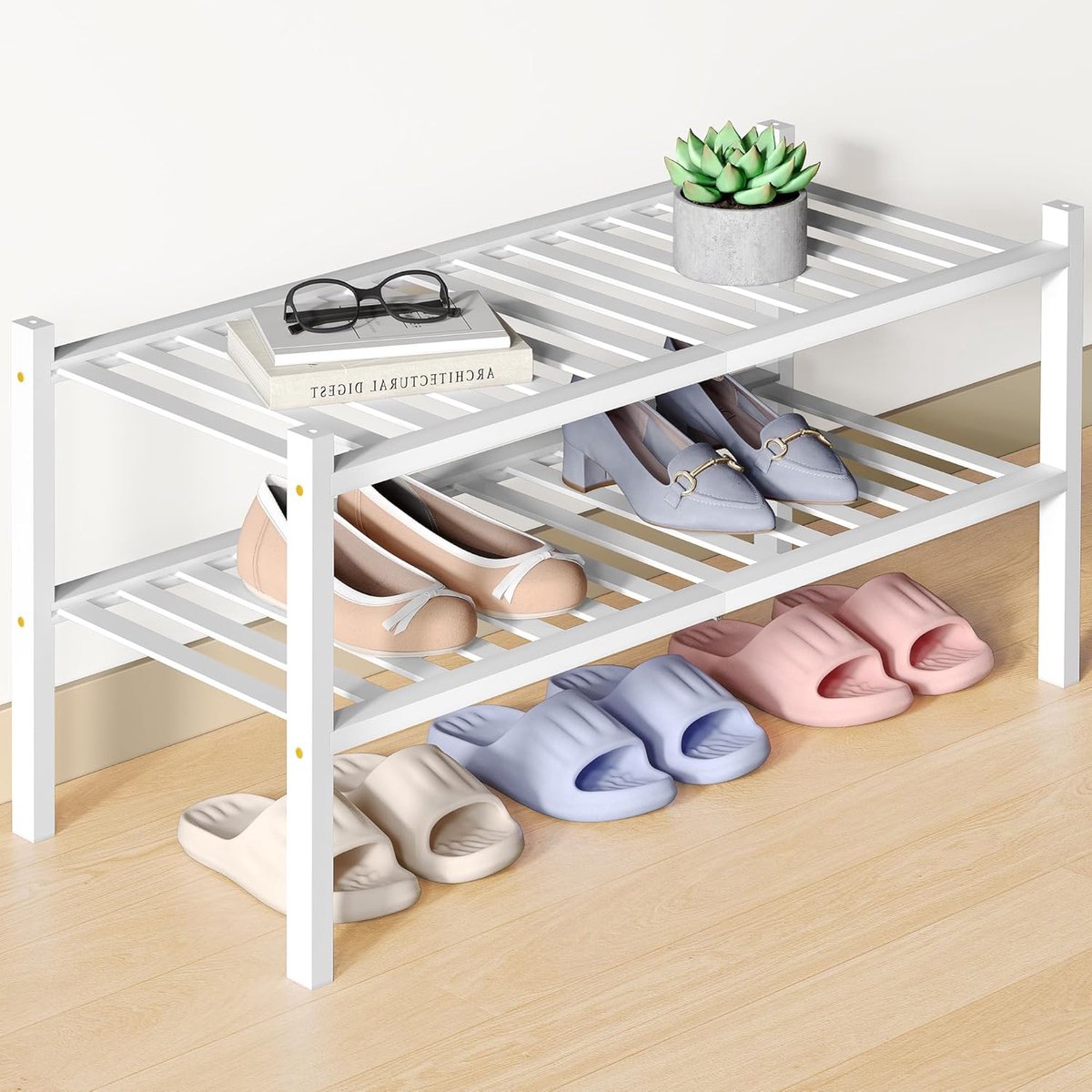 Homaxy - Schoenenrek (2 niveaus) - Bamboe Schoenenrek - Houten Schoenenkast -Schoenenrek hout - 68x28x33cm - Wit