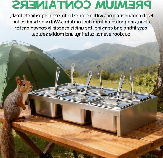 6x2L RVS ingredientencontainers met deksels en lepels, 6-compartimenten pizza toppings station voor ingrediënten en bereidingen, ideaal voor keuken en catering van Merkloos — afbeelding 3