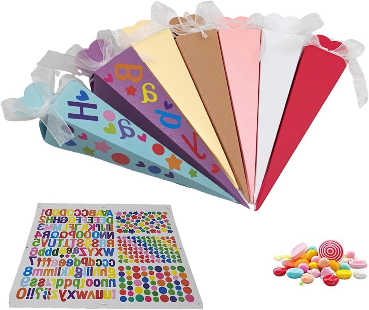 Opvouwbare suikerstakjes voor DIY schoolkegels, 32 stuks met stickers en linten, perfect voor feesten en cadeaus