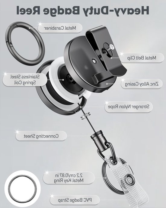 Set van 2 Stevige Retractable Badge Reel voor Badgehouder, Metalen Sleutelhanger met Riemclip, 70cm Nylon Koord en Duurzaam Ontwerp van Merkloos — afbeelding 5