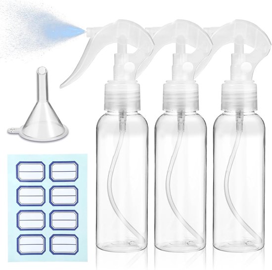 Set van 3 Transparante Sprayflessen van 100ml voor Vloeistoffen, Cosmetica en Reiniging met Labels en Trechters
