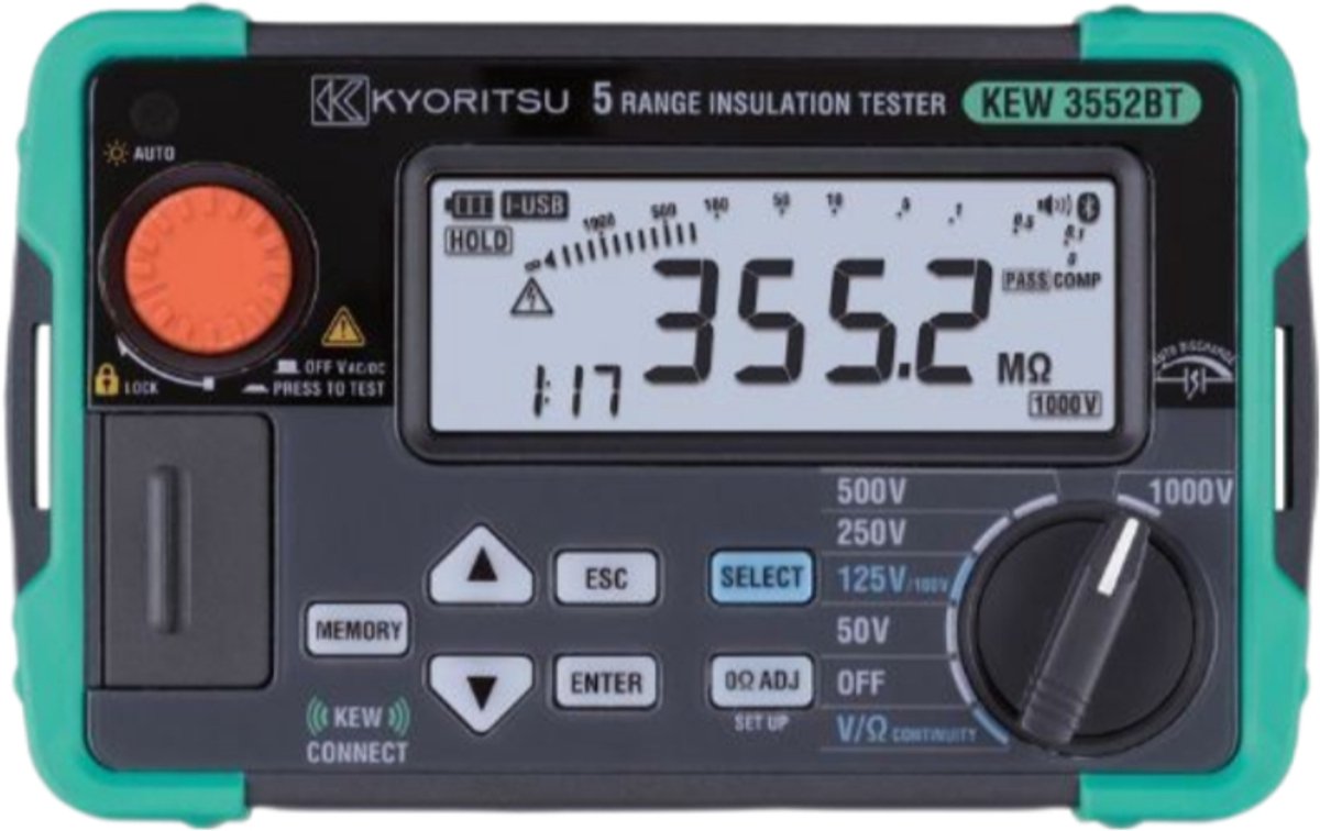 Kyoritsu 3552BT digitale isolatieweerstandmeter 50/100/125/250/500/1000V met geheugen en bluetooth (03552BT01A)